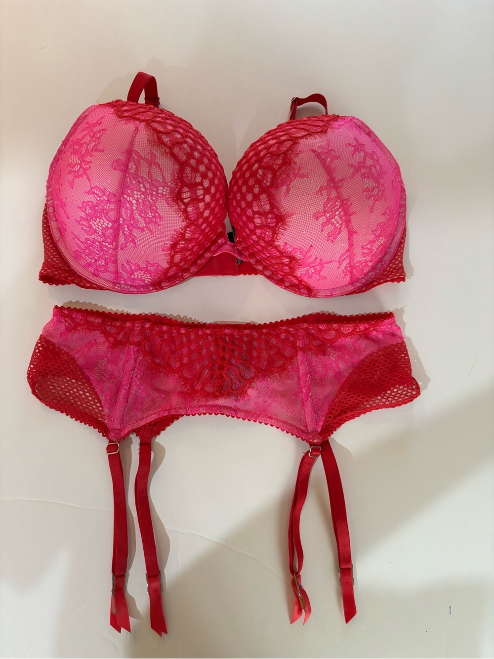 Victoria's Secret Pink and Red Lace Bra & Garter Set